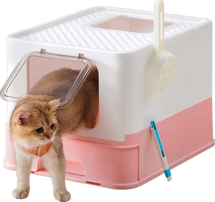 Feandrea Kattenbak, met deksel, uittrekbare bak, minder sporen Boxal Collection PPT001P01 Kattenbak, ruim voor katten tot 15 kg, schep, borstel, lekvrije bodem, wit-roze