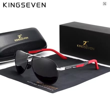 KINGSEVEN 7720 Unisex Zonnebril - Pilotenbril - Zwart Glas, Rood Frame & Luxe Verpakking