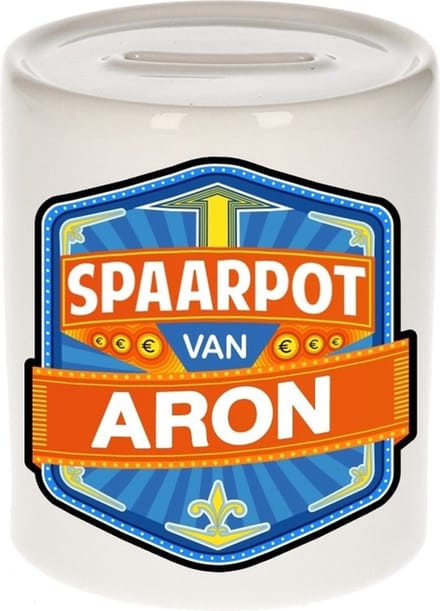Bellatio Decorations Kinder spaarpot met naam - Aron - keramiek - met dop - wit - Sparen - Spaargeld van Aron