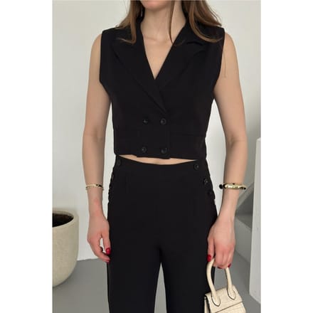 Hoge Taille V-hals Knopblijder Brede Pijpen Co-ord Set
