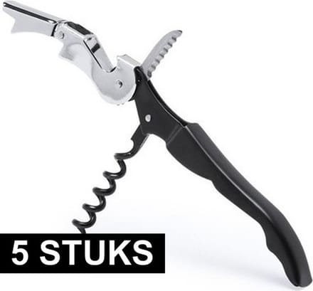 Kurkentrekker 3-in-1 - 5x - rvs metaal - zwart/zilver - 12 cm - wijnflessen