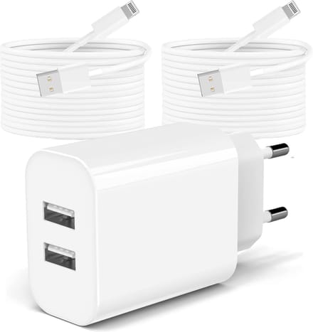 Dual USB-A Oplader + 2x 8 pin Kabel – Geschikt voor Apple iPhone - 3 Meter - USB Stekker – Snellader – Fast Charger - Dubbele USB Stekker – USB A - 12W - Wit