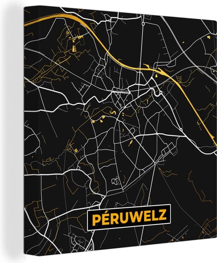 Canvas Schilderij Péruwelz - Kaart - Plattegrond - Goud - Stadskaart - 90x90 cm - Wanddecoratie