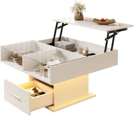 Salontafel - Verstelbaar - Hoogglans Lift Met LED En Flexibele Opbergruimte - MDF - Wit