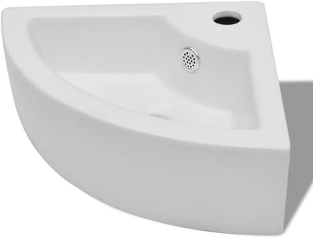Keramische Hoek Wastafel - Handwasbak Rond - Badkamer Inrichting - Met Overloop - 33x33x13 cm - Wit