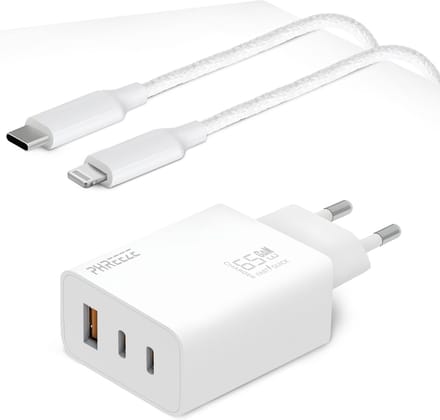 Oplader geschikt voor iPhone / iPad / MacBook - 65 watt oplader usb C - USB adapter 3 poorten - Oplaadstekker geschikt voor iPhone & iPad + Lightning naar USB C kabel 1 meter