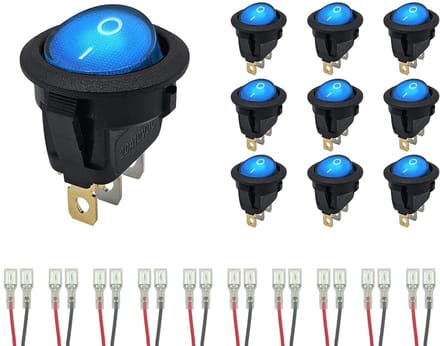 ProRide Wipschakelaar ON-OFF KCD2-12 - met Aansluitkabels - 3-pins - Rond - 12V/20A - Blauw - 10 stuks
