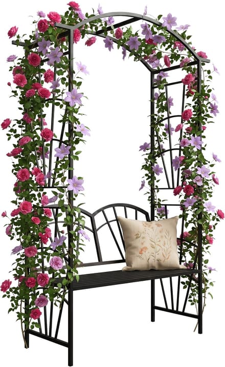 Rozenboog - met bank - 210 x 134 x 48 cm - metaal - zwart