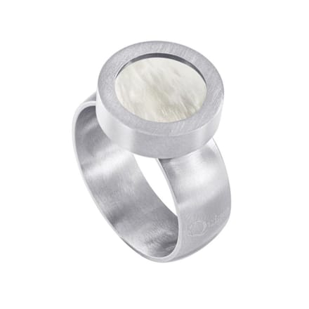 Quiges RVS Schroefsysteem Ring Zilverkleurig Mat 18mm met Verwisselbare Beige Schelp 12mm Mini Munt
