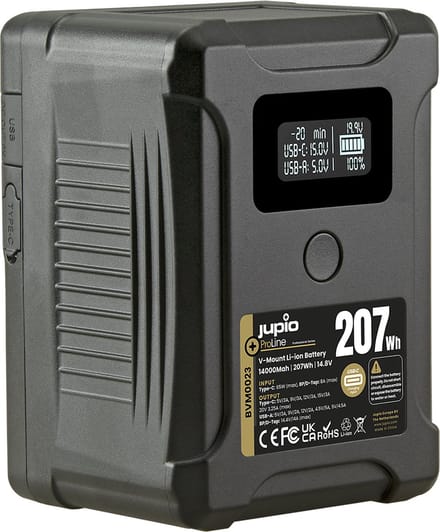 Jupio ProLine Extreme 207 V-Mount battery 14000mAh (207Wh) - LCD Display, USB-C PD 65W in/output, D-Tap in/output and USB-A output.