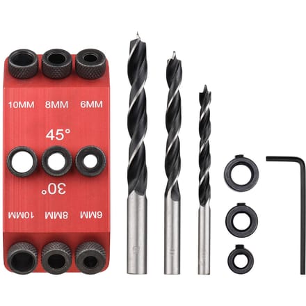 3 stuks Boorbit 6mm 8mm 10mm Boor + 30 45 90 Graden Geleide Jig Boorgeleider Pocket Hole Jig Houtbewerkingsgeleiders Multi-Hoek Positioneerder voor Houtbewerking Drill Bits & Guide Jig