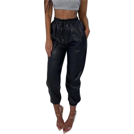 Pantalon de jogging taille haute en simili cuir pour femme M noir