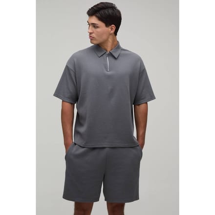 Oversized Boxy Waffle Zip Neck Polo & Baggy Shorts Set | Charcoal | Size XL