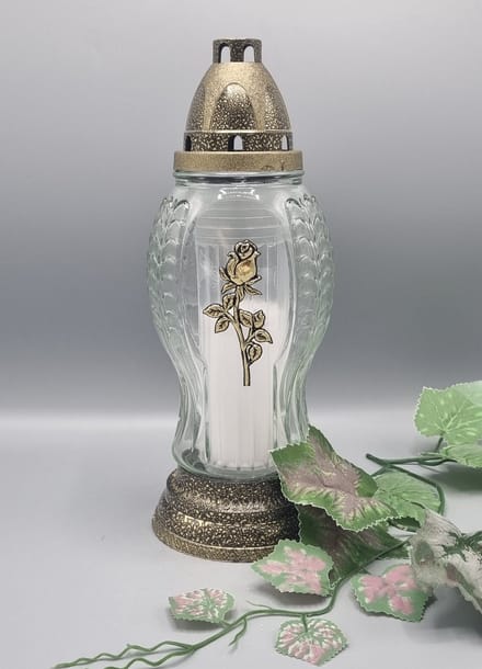 Herdenkingslicht - R509b - Goud - Roos - Grafkaars – Graflicht – Graflantaarn – Grafdecoratie - Windlicht