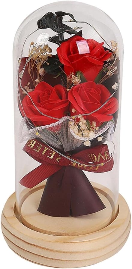 Geconserveerde Roos - Glazen Koepel - Sfeer Creëren - Met Ledverlichting - 9 x 16 cm - Rood