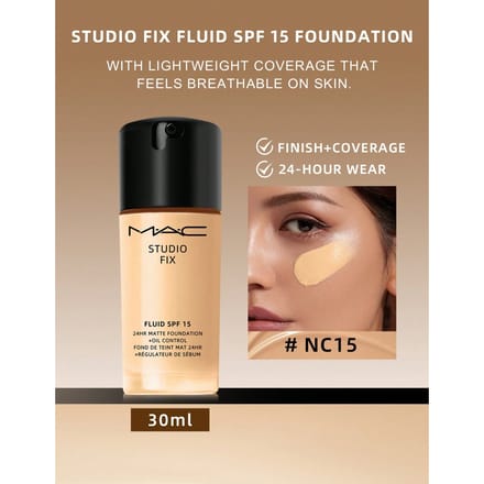 Mac Studio Fix Fluid SPF15 NC15 30ml – Foundation, 24-Hour Longwear, For Oily Skin, NC15, SPF 15, Suitable For Daily Makeup Routine
