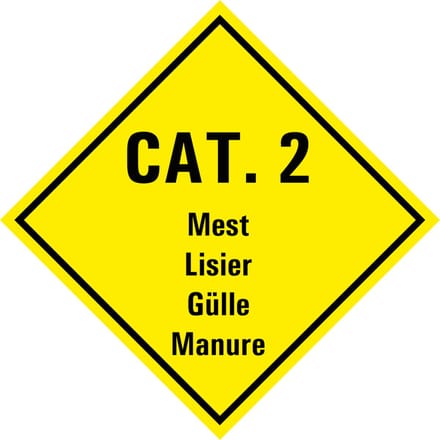 Categorie 2 mest sticker met tekst 100 x 100 mm