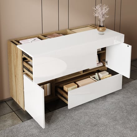 Hoogglans dressoir - zijkast -glazen kast - met LED-verlichting - met lades