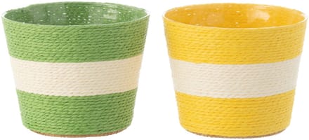 J-Line bloempot Touwtjes Streep - papier - geel/groen - small - 2 st. - Ø 13.5 cm