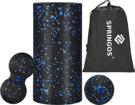 Springos Massageset | Foamroller | Massagebal | Hoes | Blauw/Zwart