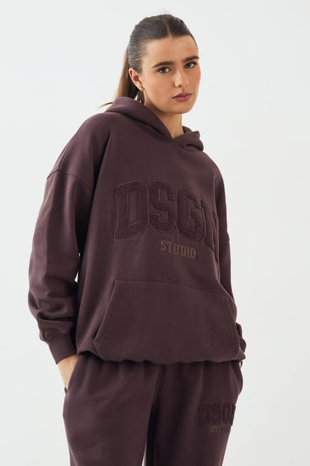 Dames DSGN Studio Badstof Applique Oversized Hoodie | Chocoladebruin | Maat: 2XL