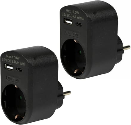 Benson Stopcontact met USB-A en USB-C - 2x stuks - zwart - modern en efficiënt - 16A - 5,0V DC - 3,4A