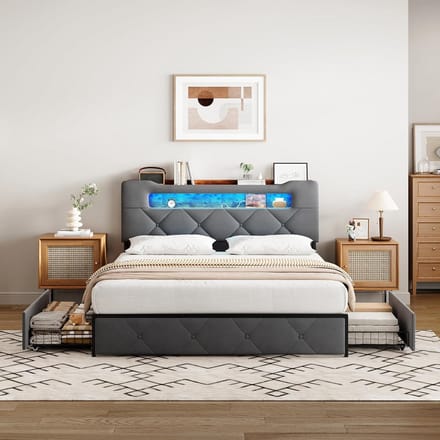 Tweepersoonsbed met Lades en LED Verlichting, 160x200 cm Gestoffeerd Bedframe