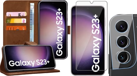 Hoesje geschikt voor Samsung Galaxy S23 Plus - Screenprotector GlassGuard & Camera Lens Screen Protector - Book Case Kunstleer Pasjeshouder Bruin
