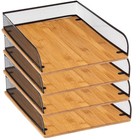Bellatio Design Kantoor postbakjes - 4x - brievenbakjes - A4 formaat - bamboe hout en metaal