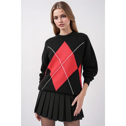 Oversized Ruiten Trui met Ronde Hals
