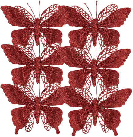 Kerstboomversiering Vlinder - 6x stuks - 16 cm - rood glitter - op clip