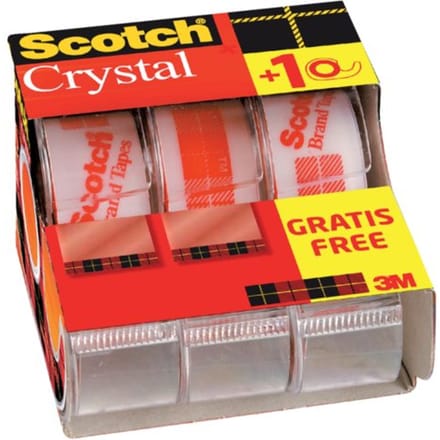 Plakband scotch crystal 600 19mmx7.5m transparant 2+1 gratis + handdispenser