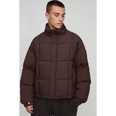 Boxy Fit Textured Pintuck Funnel Neck Puffer Jacket | Chocolate | Size Medium