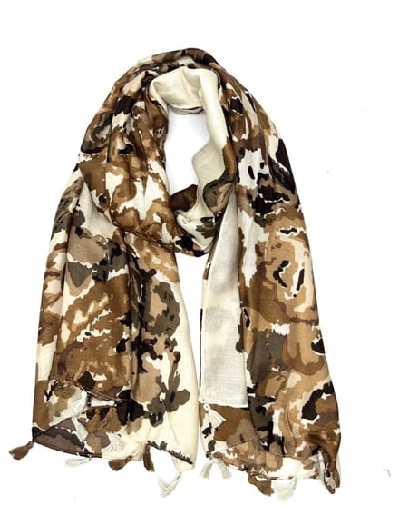 Lange dames sjaal Anesa camouflage print legerprint beige bruin donkerbruin camel cacao