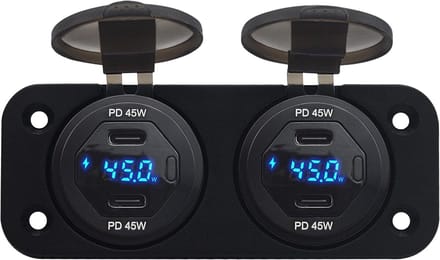 ProRide 12V USB C Autolader 4 Poorten Inbouw met Schakelaar en Wattagemeter - 45W - QC3.0 - Complete set - Blauw