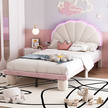 MODFU Bedframe 90x200 cm – beige/roze fluweel – met golvend hoofdbord en meerkleurige LED