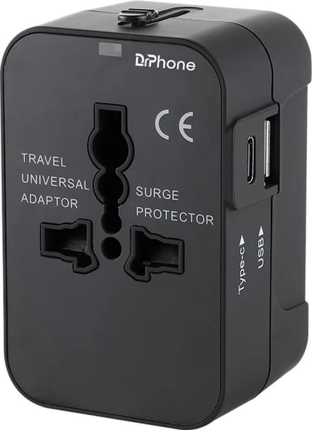 DrPhone TravelFuse – Universele Reisadapter – Met USB & USB-C Poort – Universele Plug – Internationale Plug - Zwart