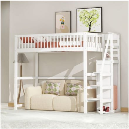 Lit mezzanine - MUVOE - 90x200 - Bois massif - Échelle de sécurité - Rangement intégré blanc