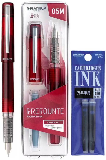 Platinum - Prefounte Vulpen - Fine - Crimson Red - Met Blauw Zwarte vullingen