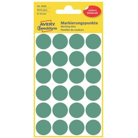 Avery-Zweckform 3006 Etiketten voor markeringspunten Ø 18 mm Groen 96 stuk(s) Permanent hechtend Papier