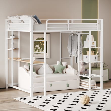 STILVORA Hoogslaper 90x200 - Kinderbed met Ladder, Bureau en Regal - MDF - Wit