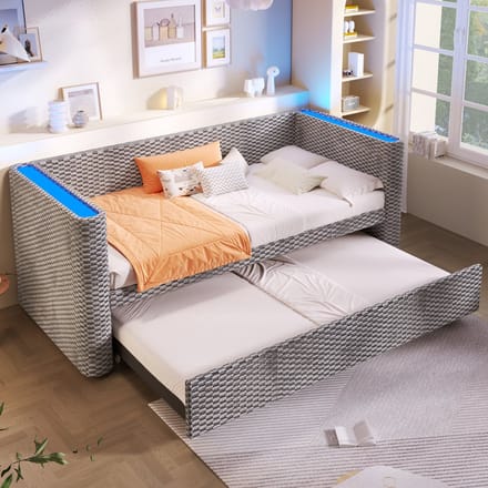 MODFU Ledikant 90x200 cm – fluweel grijs – uitklapbaar tot 180x200 cm – met LED via app – multifunctioneel dagbed
