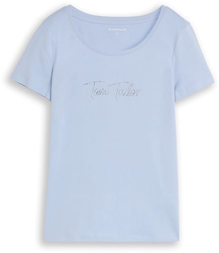 Tom Tailor - T-shirt met glitterlogo - Maat L - Kentucky Blue