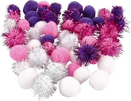 Pompons, d 15+20 mm, paars, lichtrood, wit, 48 div/ 1 doos