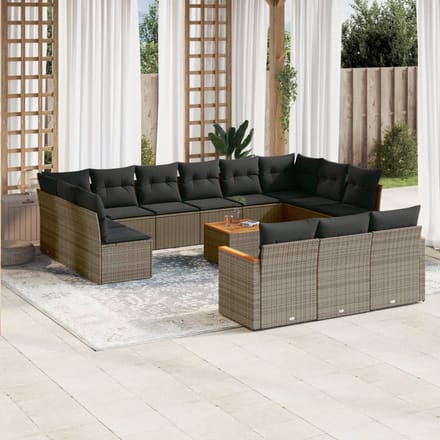 vidaXL - 14-delige - Loungeset - met - kussens - poly - rattan - grijs