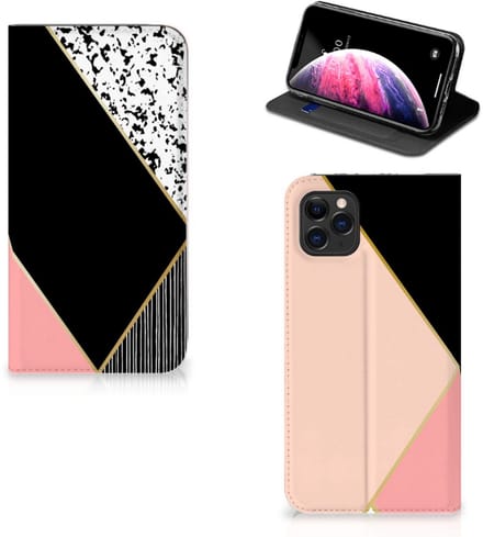 Apple iPhone 11 Pro Max Stand Case Zwart Roze Vormen