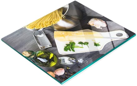 Keukenplank van gehard glas met afbeelding van pasta en knoflook, 60x52 cm
