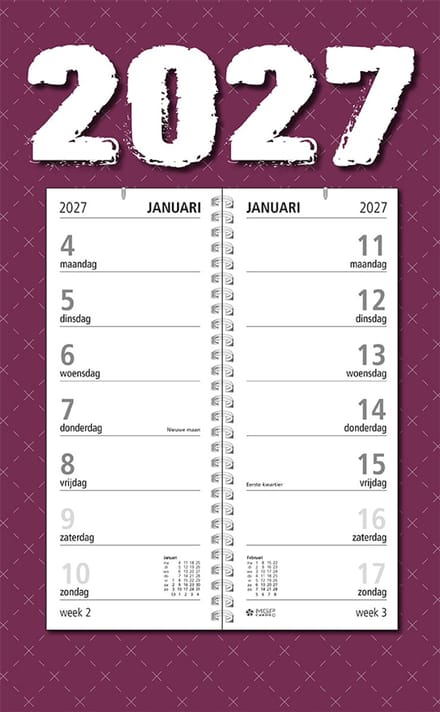 MGPcards - Omlegweekkalender 2027 - Week begint op maandag - 21 x 34 cm - Purper