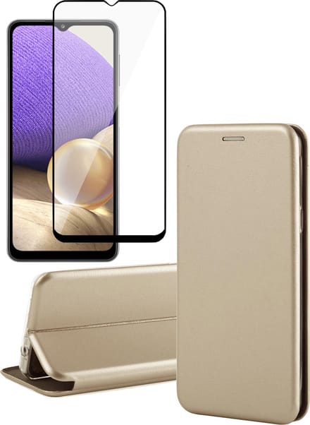 Hoesje geschikt voor Samsung Galaxy A32 5G - Screen Protector FullGuard - Book Case Kunstleer ThinShield Goud & Screenprotector