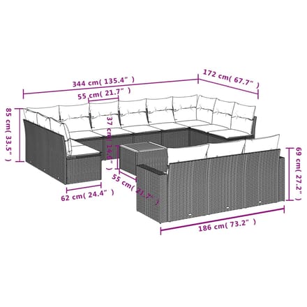 vidaXL - 14-delige - Loungeset - met - kussens - poly - rattan - beige